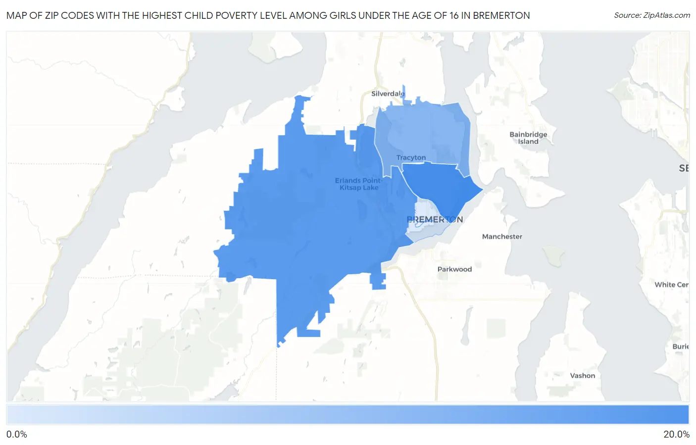 Zip Codes with the Highest Child Poverty Level Among Girls Under the Age of 16 in Bremerton Map