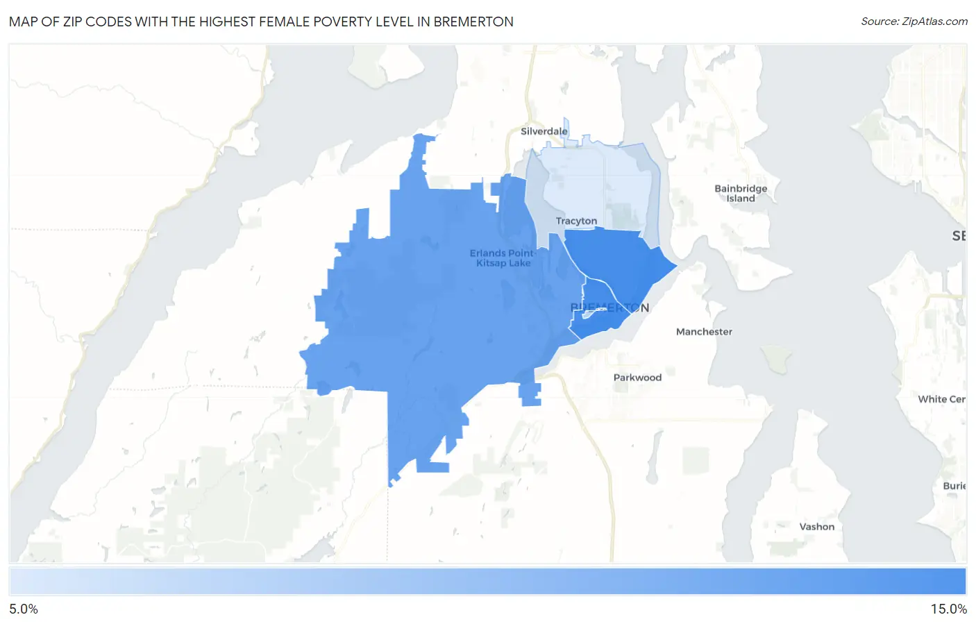 Zip Codes with the Highest Female Poverty Level in Bremerton Map