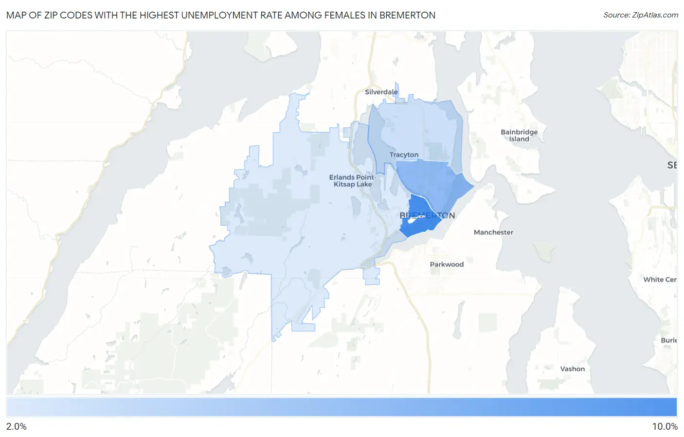 Zip Codes with the Highest Unemployment Rate Among Females in Bremerton Map