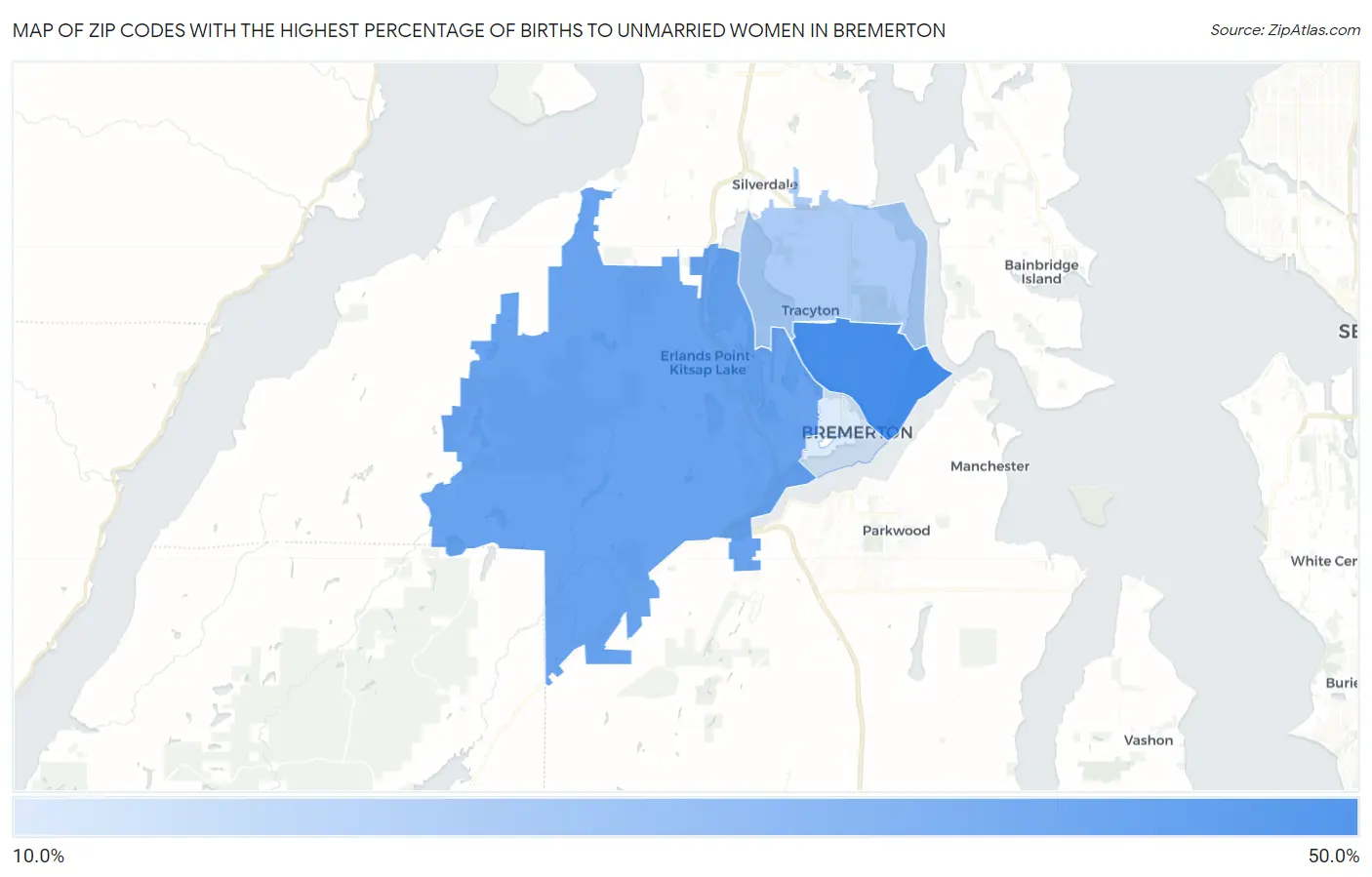 Zip Codes with the Highest Percentage of Births to Unmarried Women in Bremerton Map