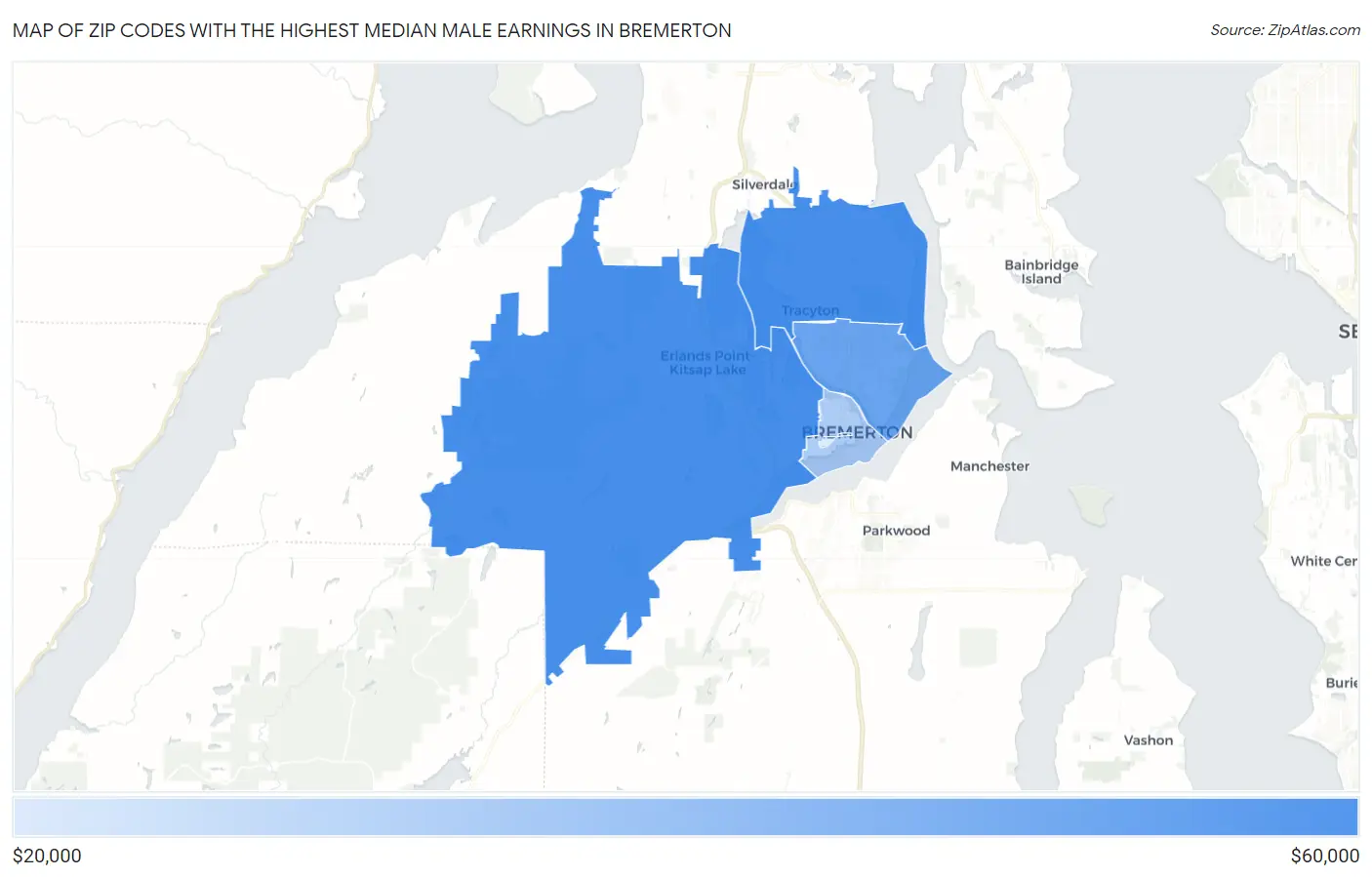Zip Codes with the Highest Median Male Earnings in Bremerton Map