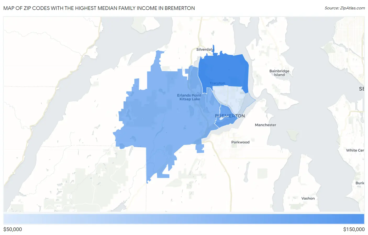 Zip Codes with the Highest Median Family Income in Bremerton Map