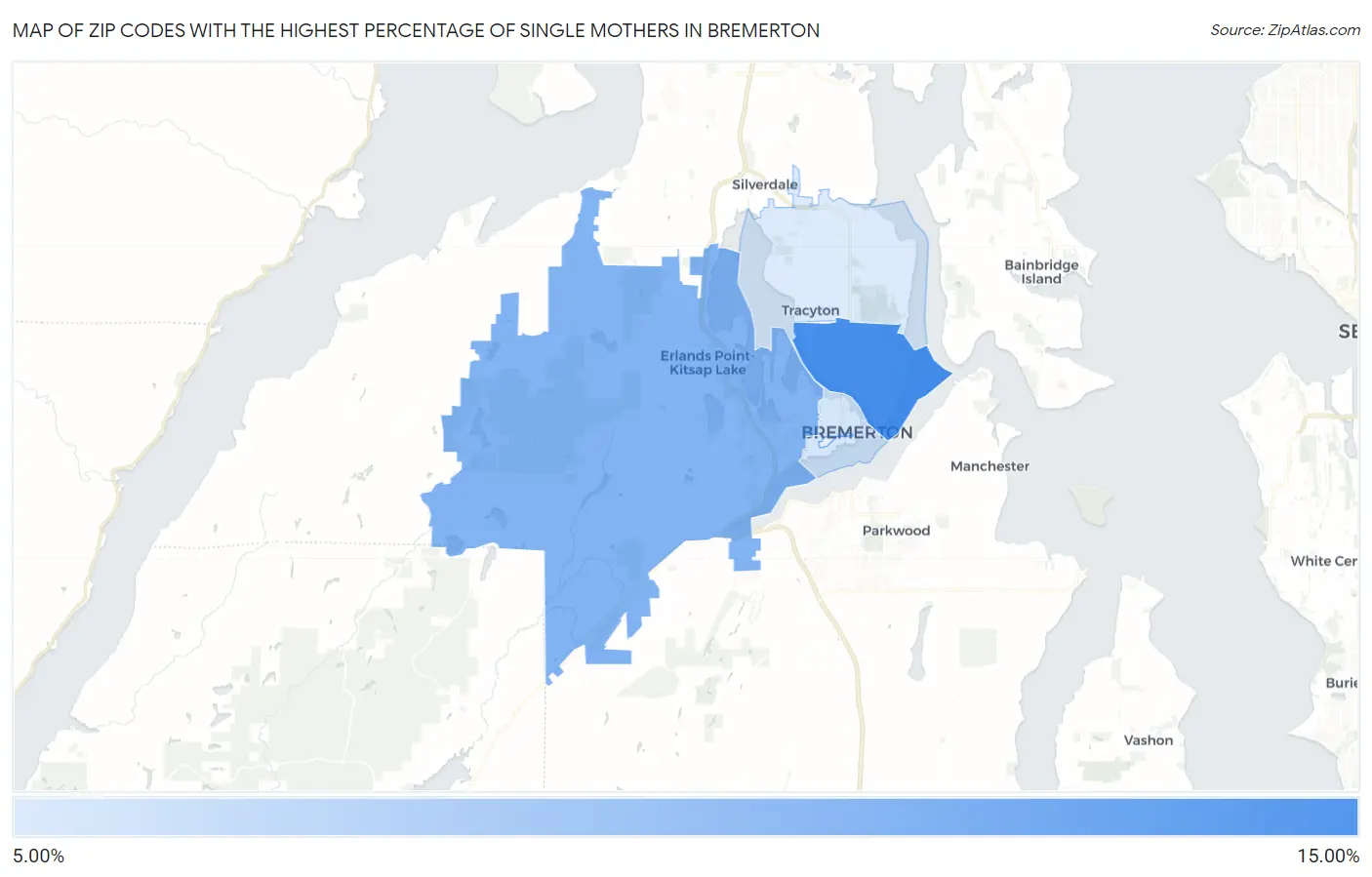 Zip Codes with the Highest Percentage of Single Mothers in Bremerton Map