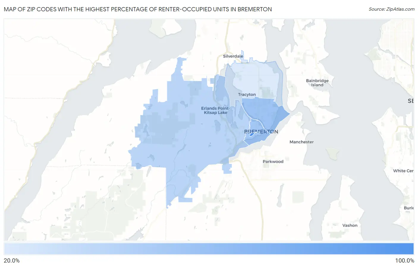 Zip Codes with the Highest Percentage of Renter-Occupied Units in Bremerton Map
