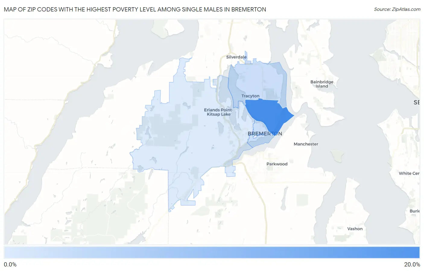 Zip Codes with the Highest Poverty Level Among Single Males in Bremerton Map