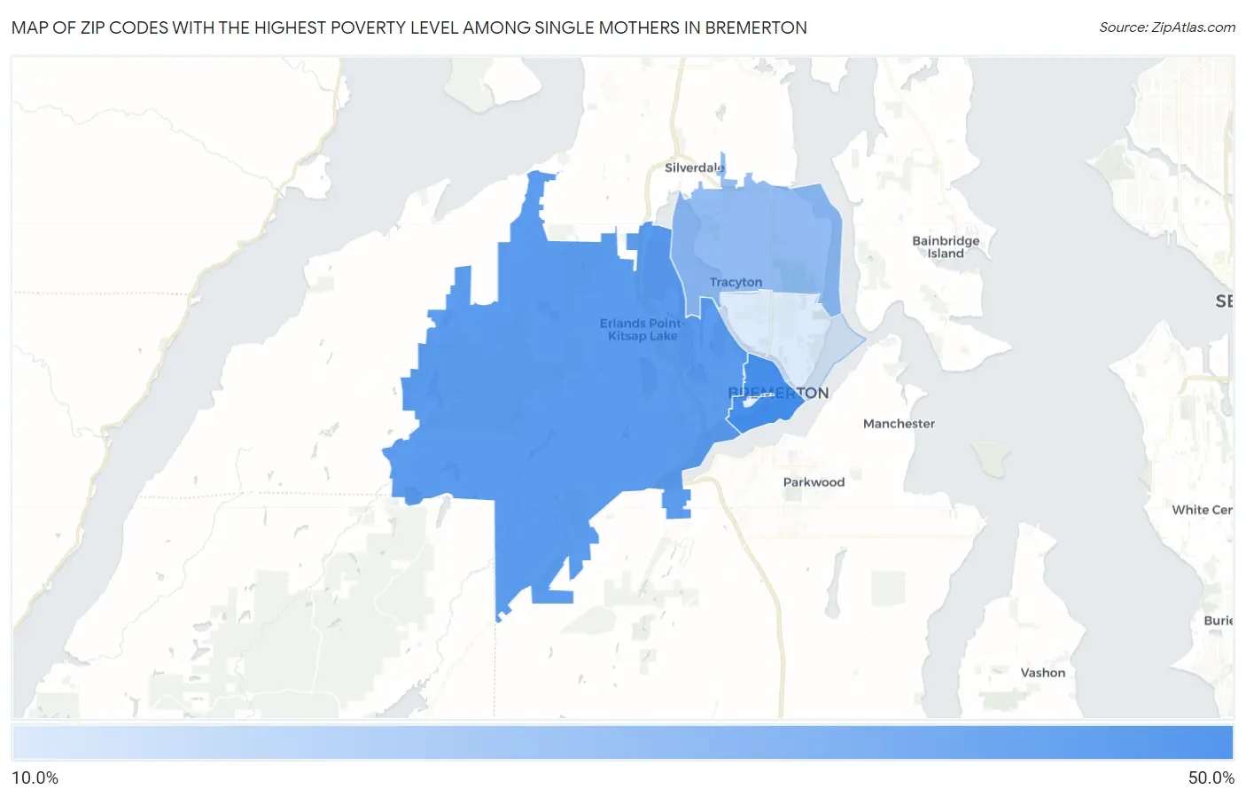 Zip Codes with the Highest Poverty Level Among Single Mothers in Bremerton Map