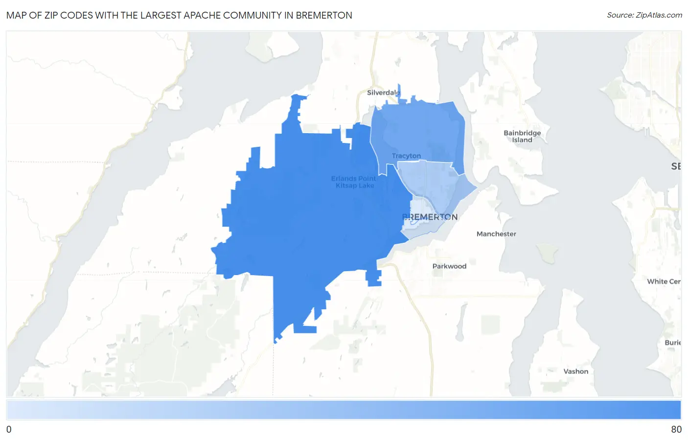 Zip Codes with the Largest Apache Community in Bremerton Map