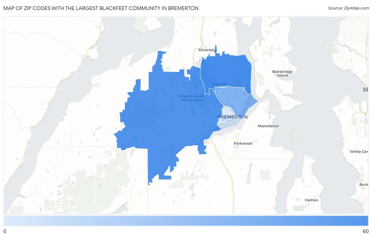 Zip Codes with the Largest Blackfeet Community in Bremerton Map