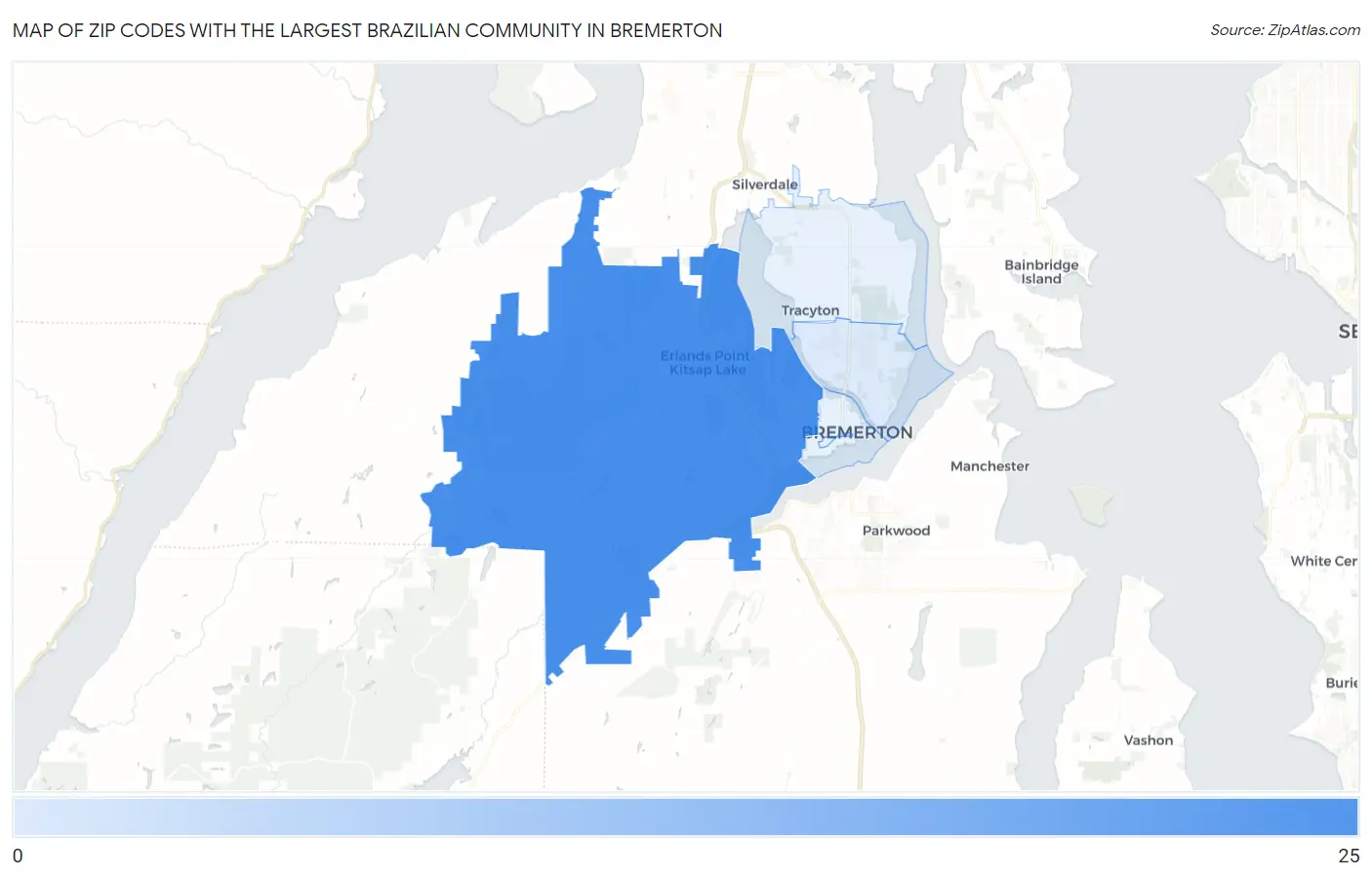 Zip Codes with the Largest Brazilian Community in Bremerton Map
