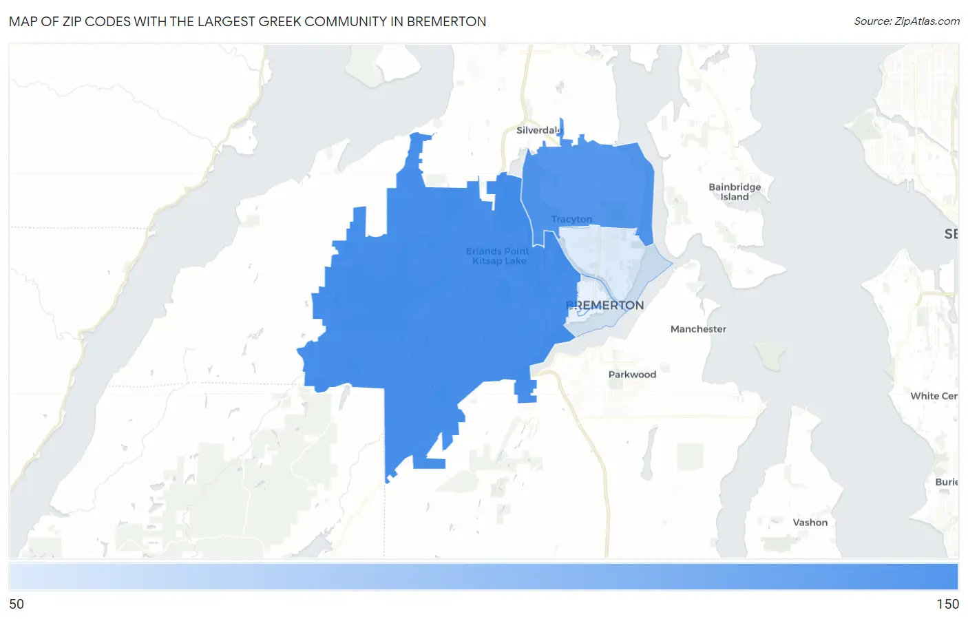 Zip Codes with the Largest Greek Community in Bremerton Map