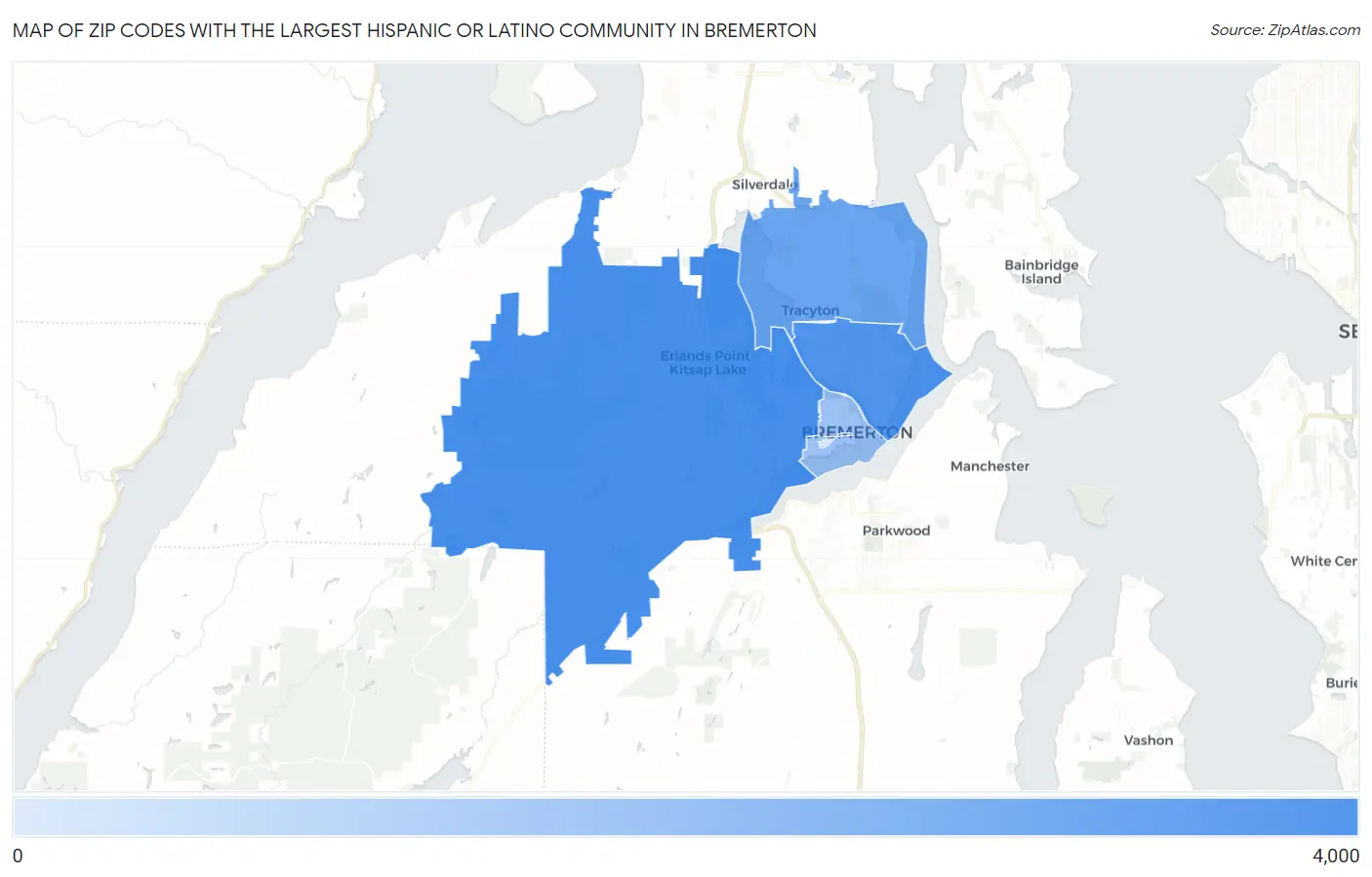 Zip Codes with the Largest Hispanic or Latino Community in Bremerton Map