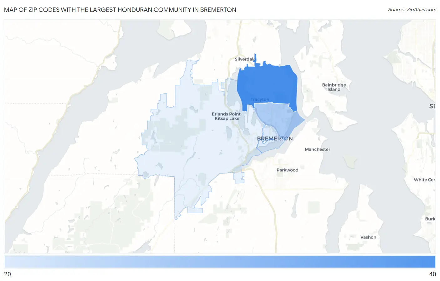 Zip Codes with the Largest Honduran Community in Bremerton Map