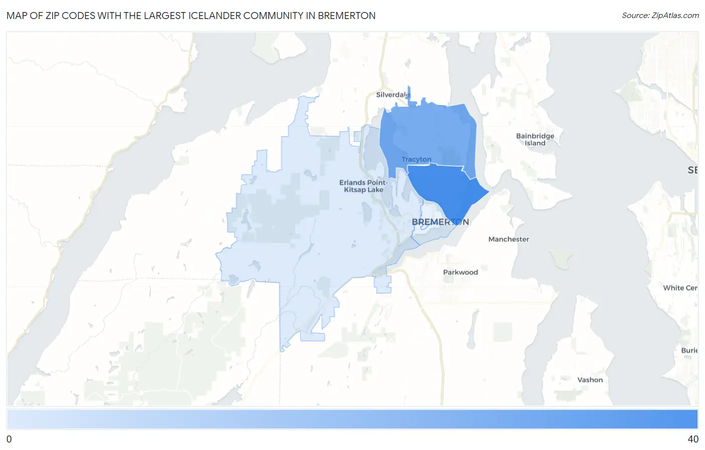 Zip Codes with the Largest Icelander Community in Bremerton Map
