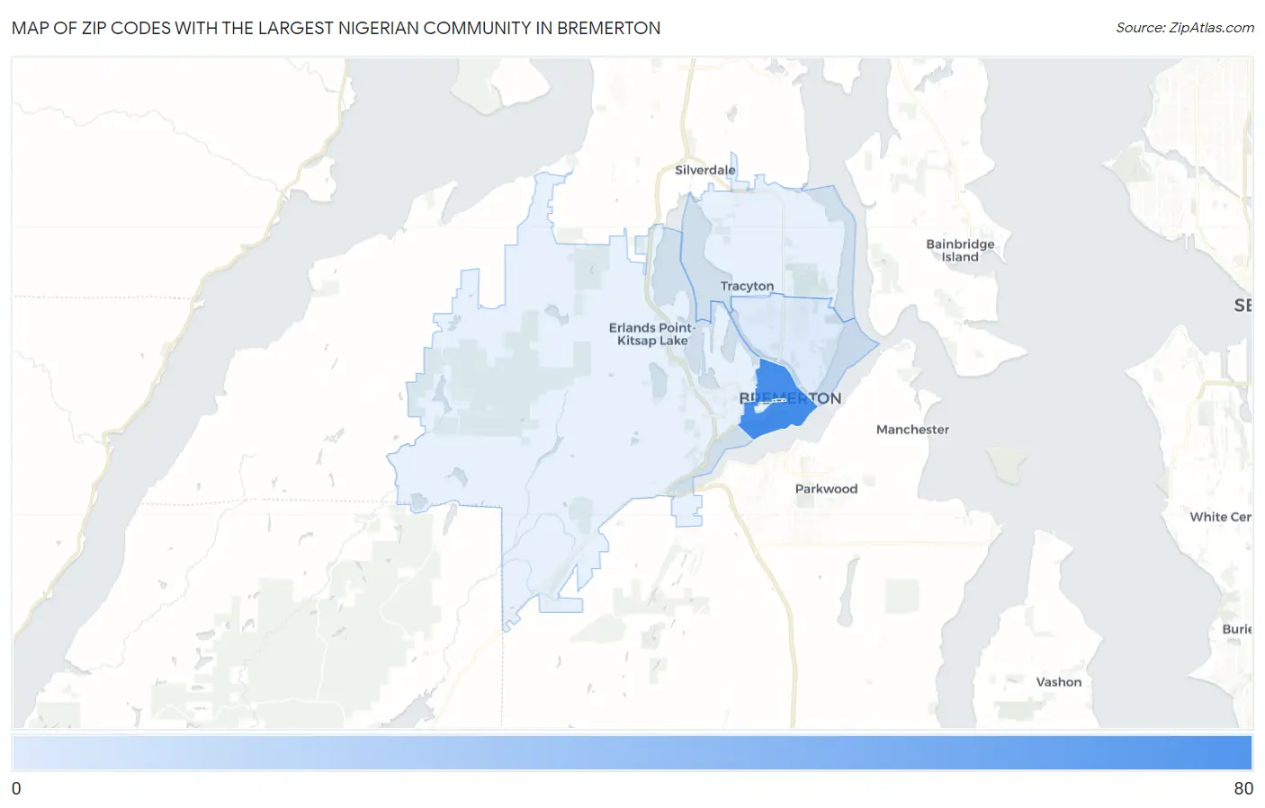 Zip Codes with the Largest Nigerian Community in Bremerton Map