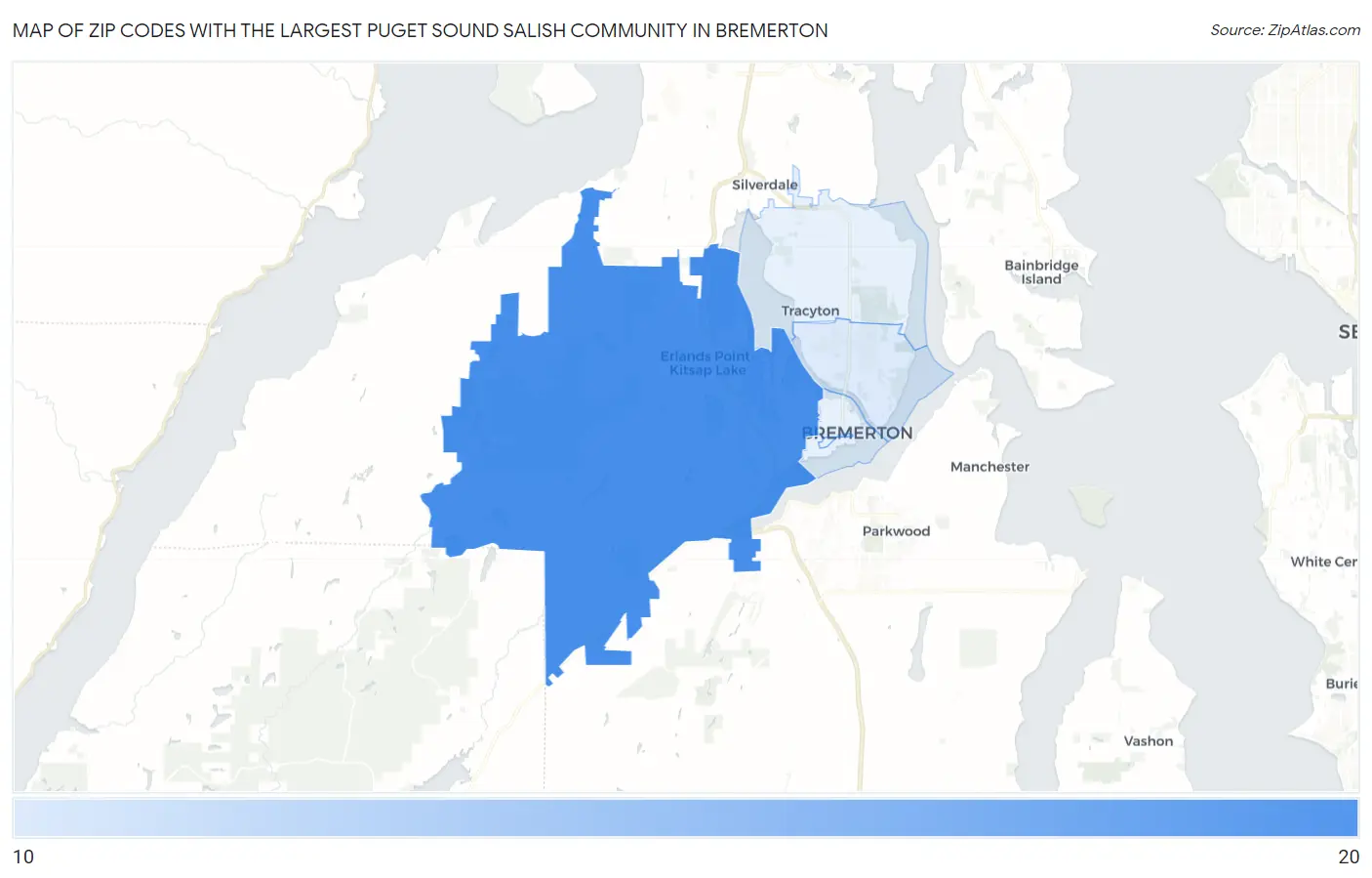 Zip Codes with the Largest Puget Sound Salish Community in Bremerton Map