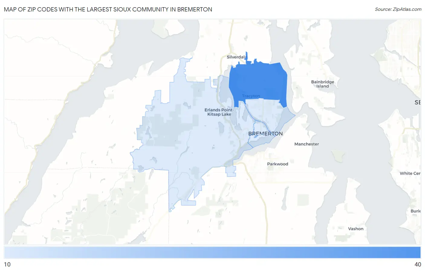 Zip Codes with the Largest Sioux Community in Bremerton Map
