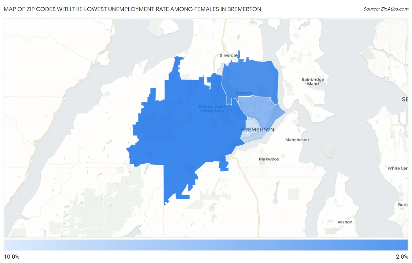 Zip Codes with the Lowest Unemployment Rate Among Females in Bremerton Map