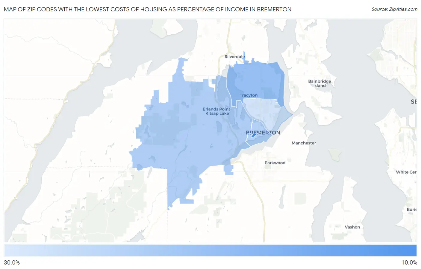 Zip Codes with the Lowest Costs of Housing as Percentage of Income in Bremerton Map