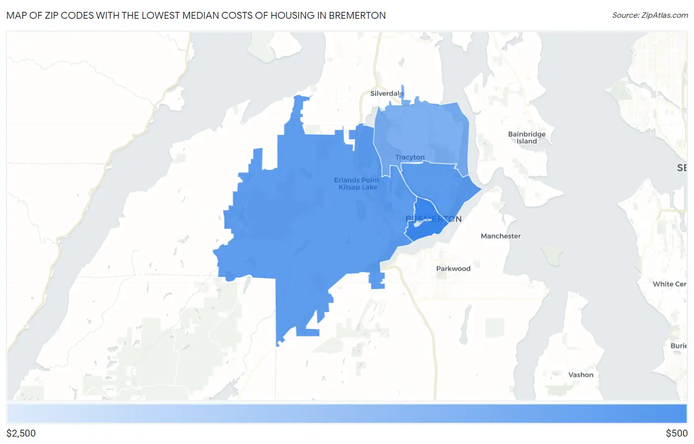 Zip Codes with the Lowest Median Costs of Housing in Bremerton Map