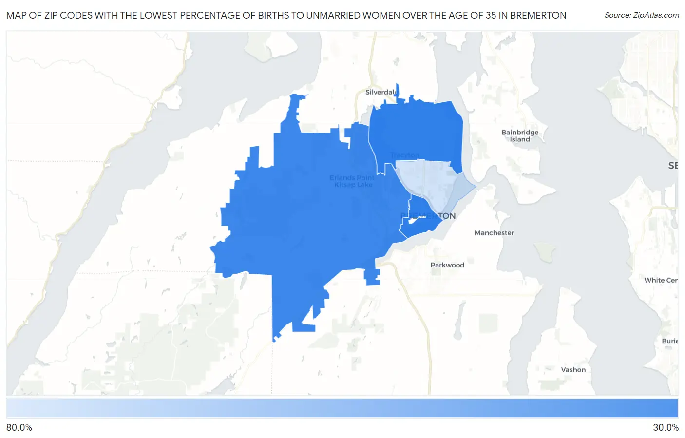 Zip Codes with the Lowest Percentage of Births to Unmarried Women over the Age of 35 in Bremerton Map