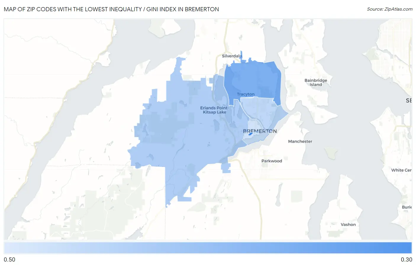 Zip Codes with the Lowest Inequality / Gini Index in Bremerton Map