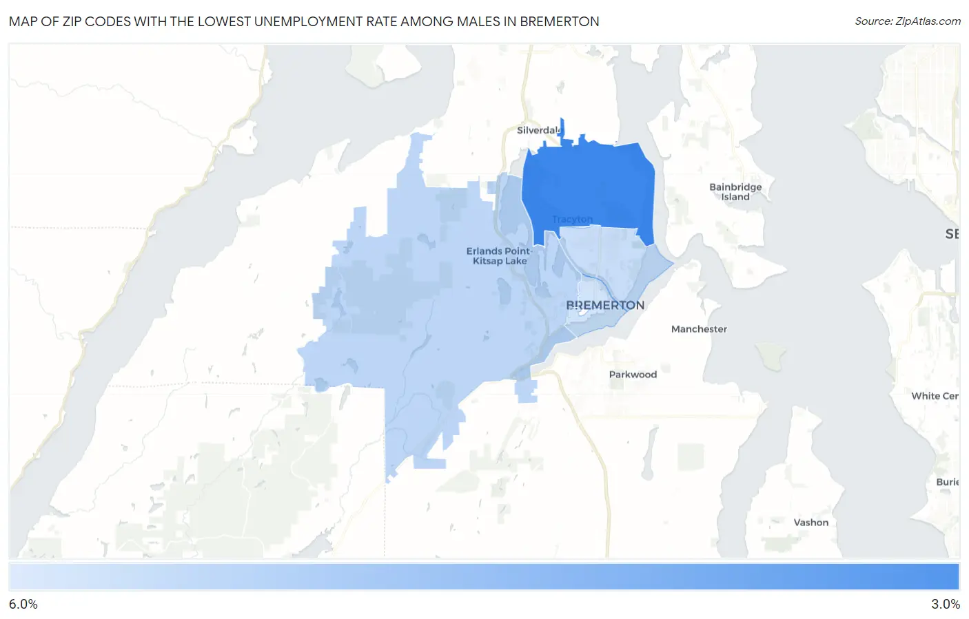 Zip Codes with the Lowest Unemployment Rate Among Males in Bremerton Map