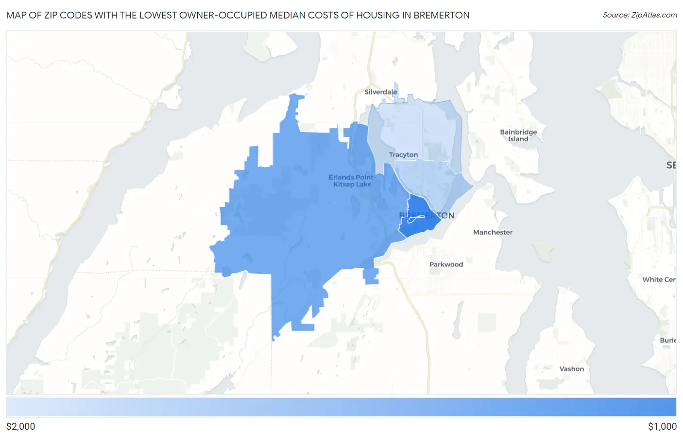 Zip Codes with the Lowest Owner-Occupied Median Costs of Housing in Bremerton Map