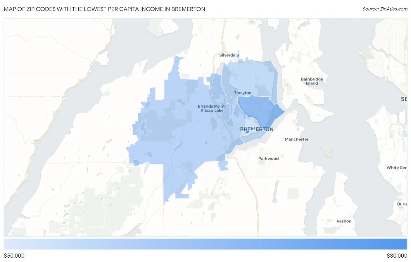 Zip Codes with the Lowest Per Capita Income in Bremerton Map