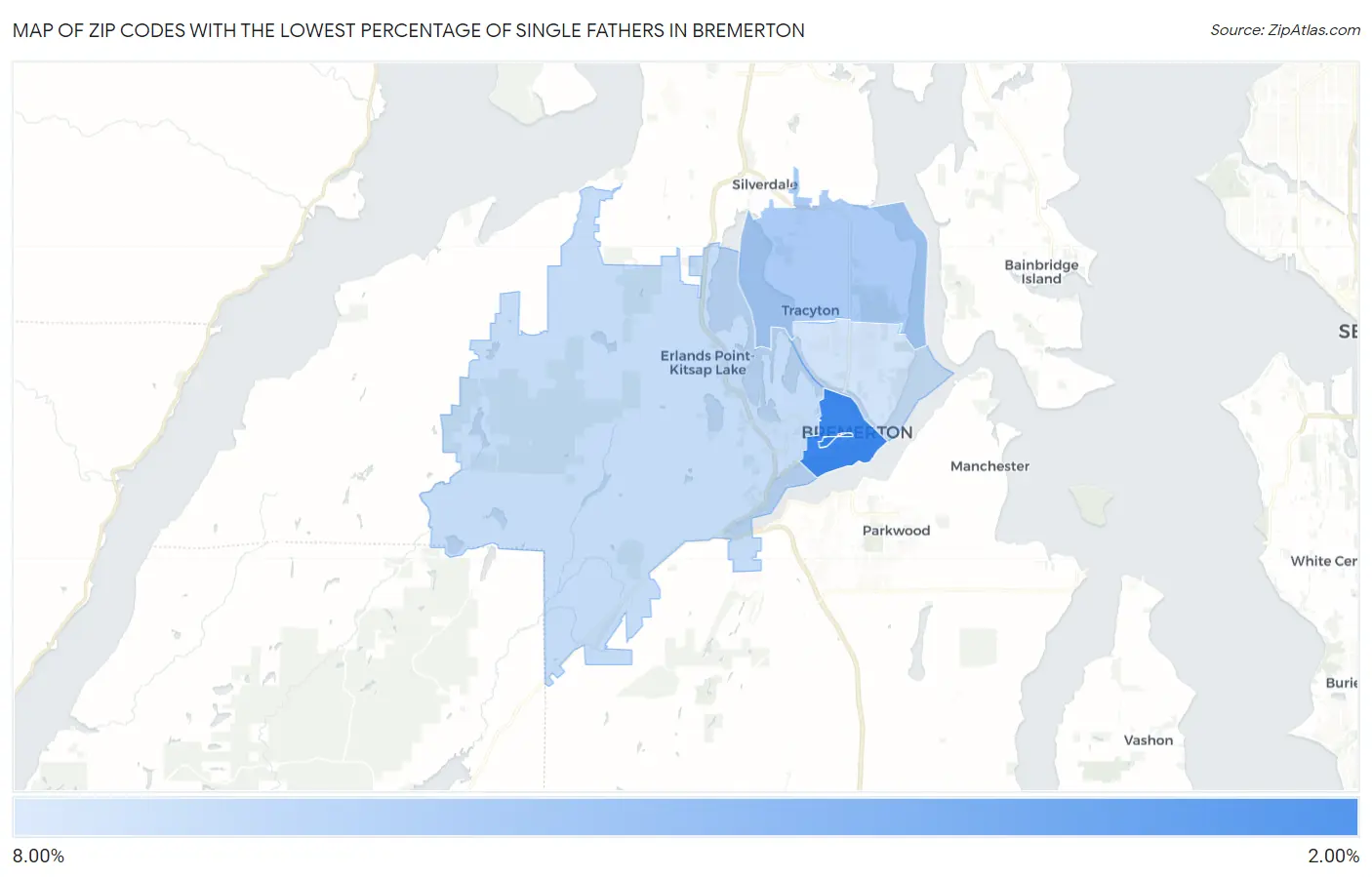 Zip Codes with the Lowest Percentage of Single Fathers in Bremerton Map
