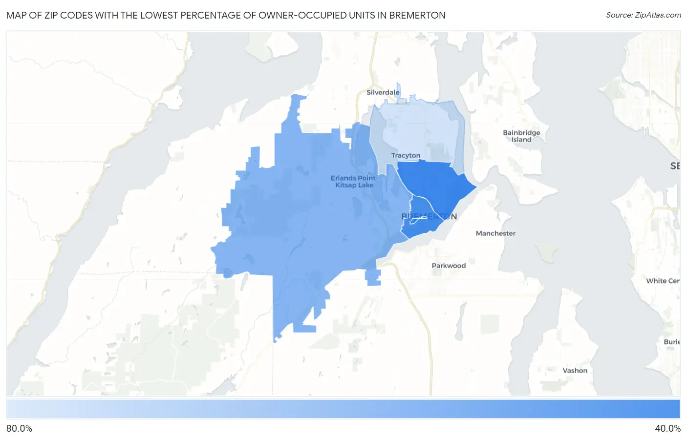 Zip Codes with the Lowest Percentage of Owner-Occupied Units in Bremerton Map