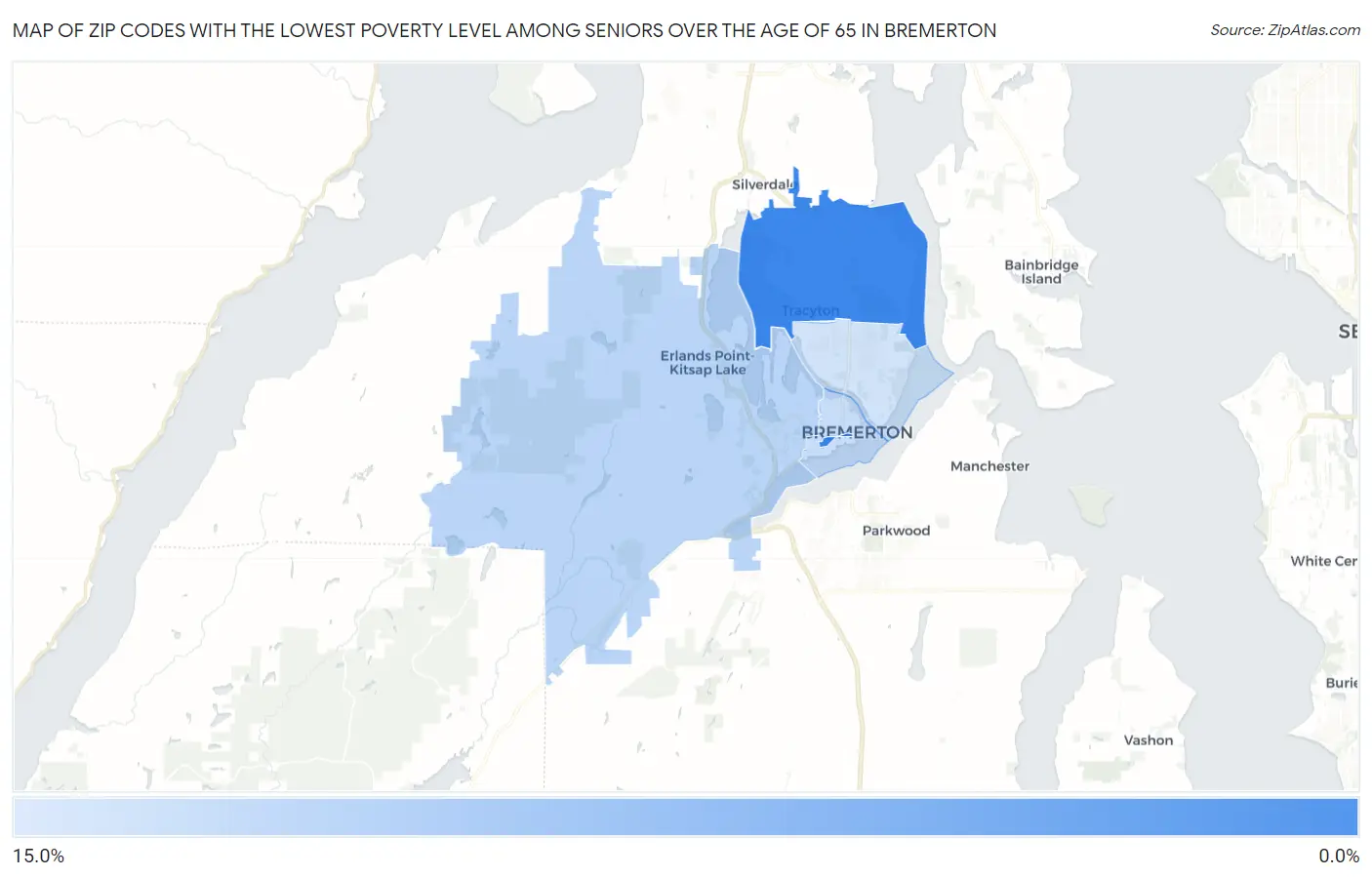 Zip Codes with the Lowest Poverty Level Among Seniors Over the Age of 65 in Bremerton Map