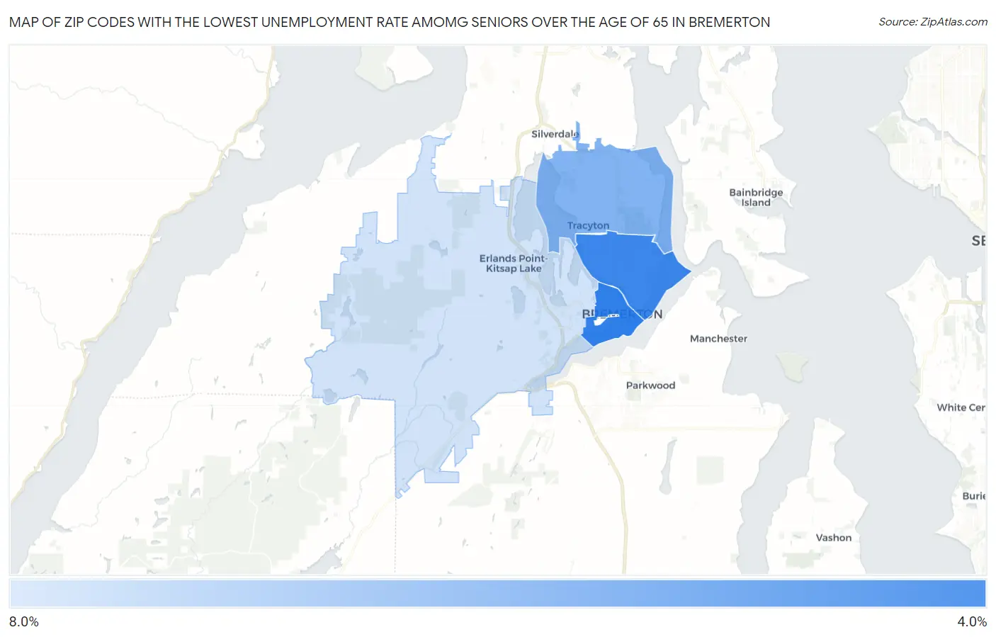 Zip Codes with the Lowest Unemployment Rate Amomg Seniors Over the Age of 65 in Bremerton Map
