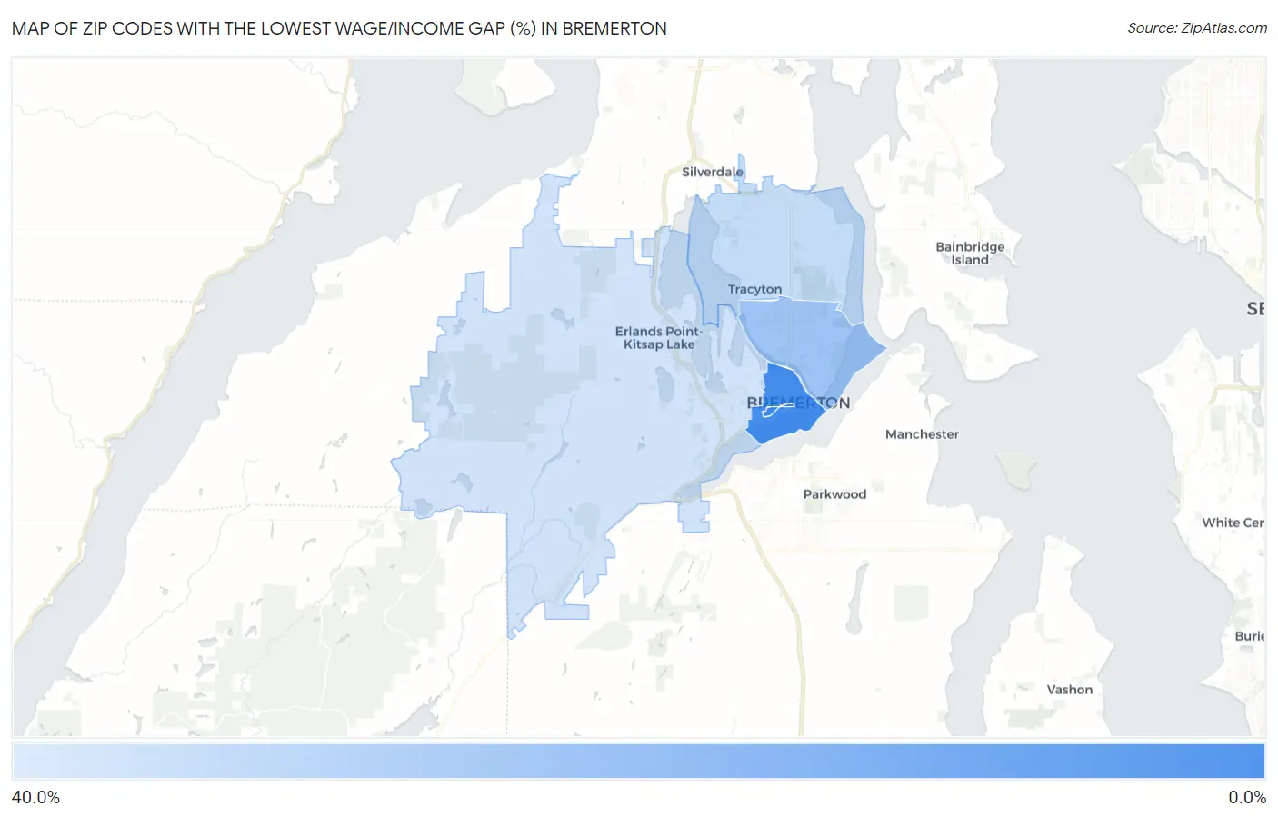 Zip Codes with the Lowest Wage/Income Gap (%) in Bremerton Map