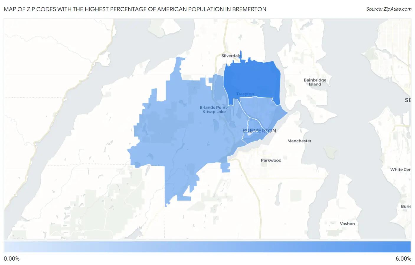 Zip Codes with the Highest Percentage of American Population in Bremerton Map