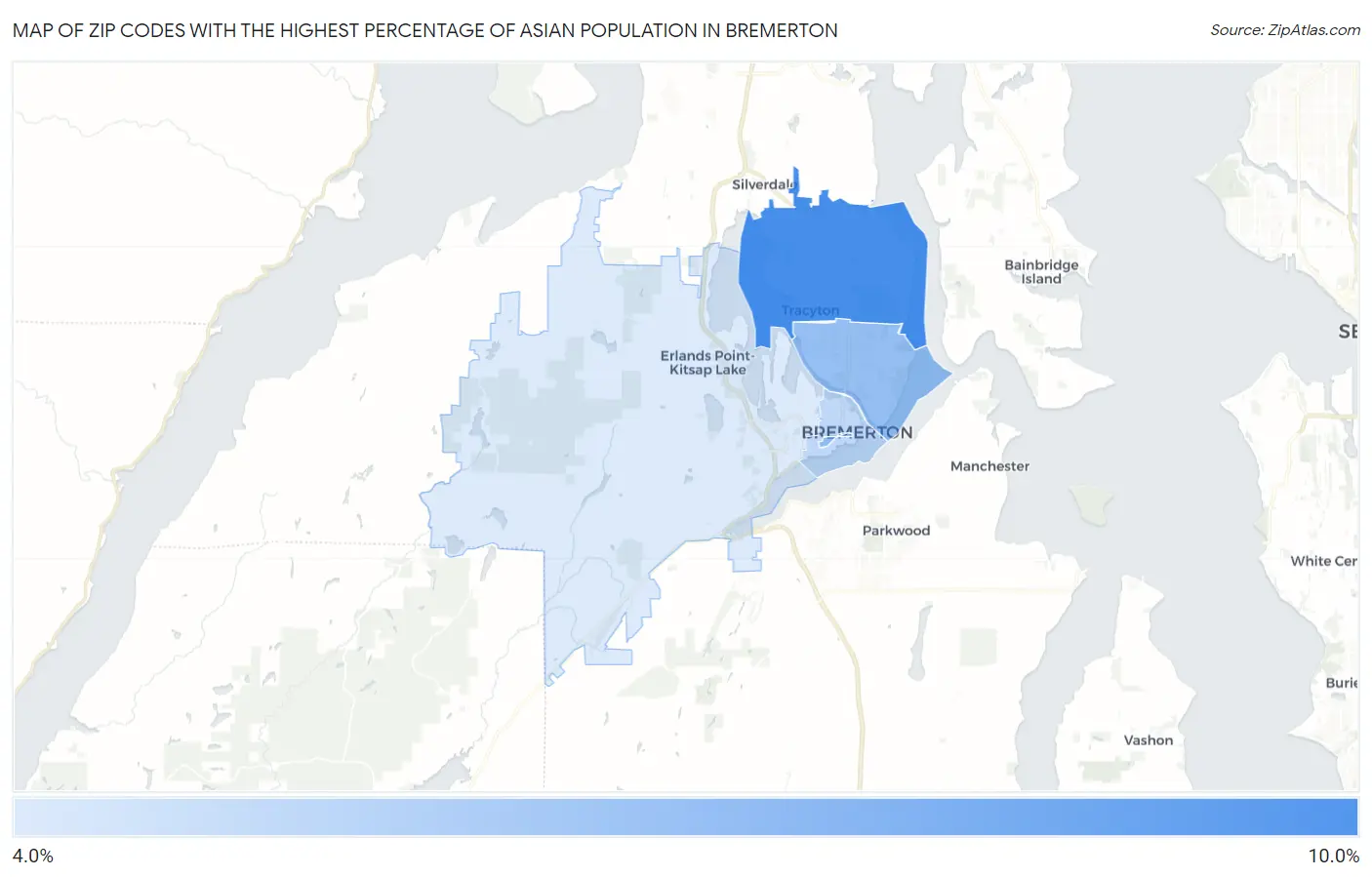 Zip Codes with the Highest Percentage of Asian Population in Bremerton Map