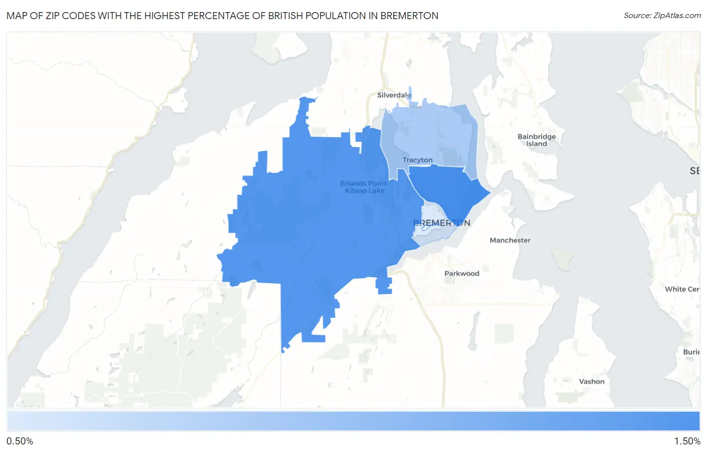 Zip Codes with the Highest Percentage of British Population in Bremerton Map