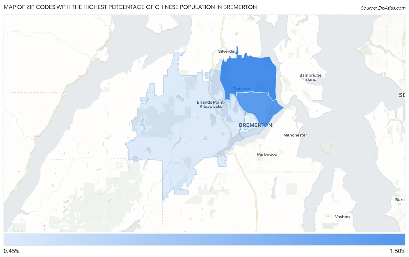 Zip Codes with the Highest Percentage of Chinese Population in Bremerton Map