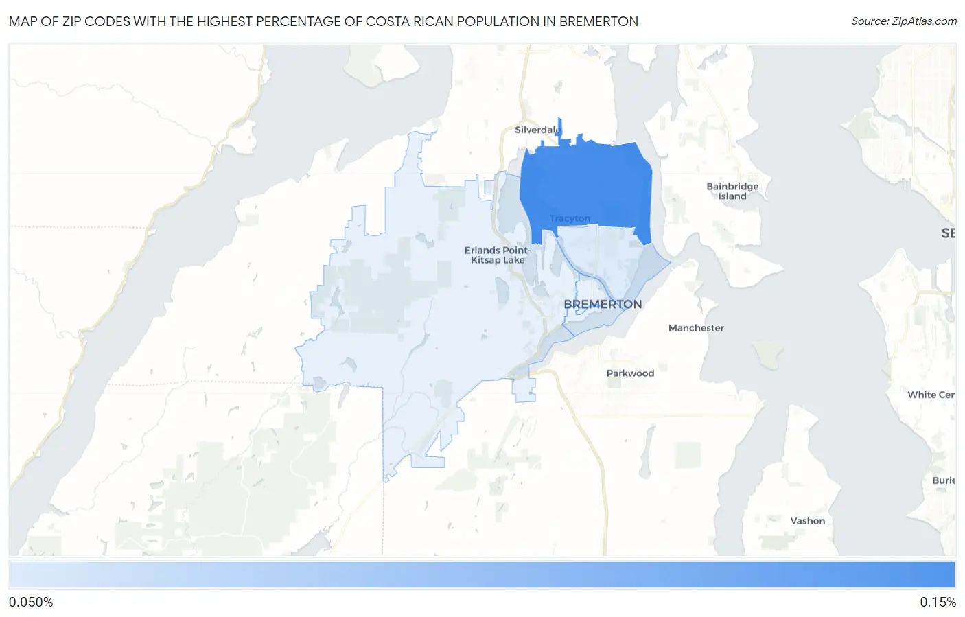 Zip Codes with the Highest Percentage of Costa Rican Population in Bremerton Map