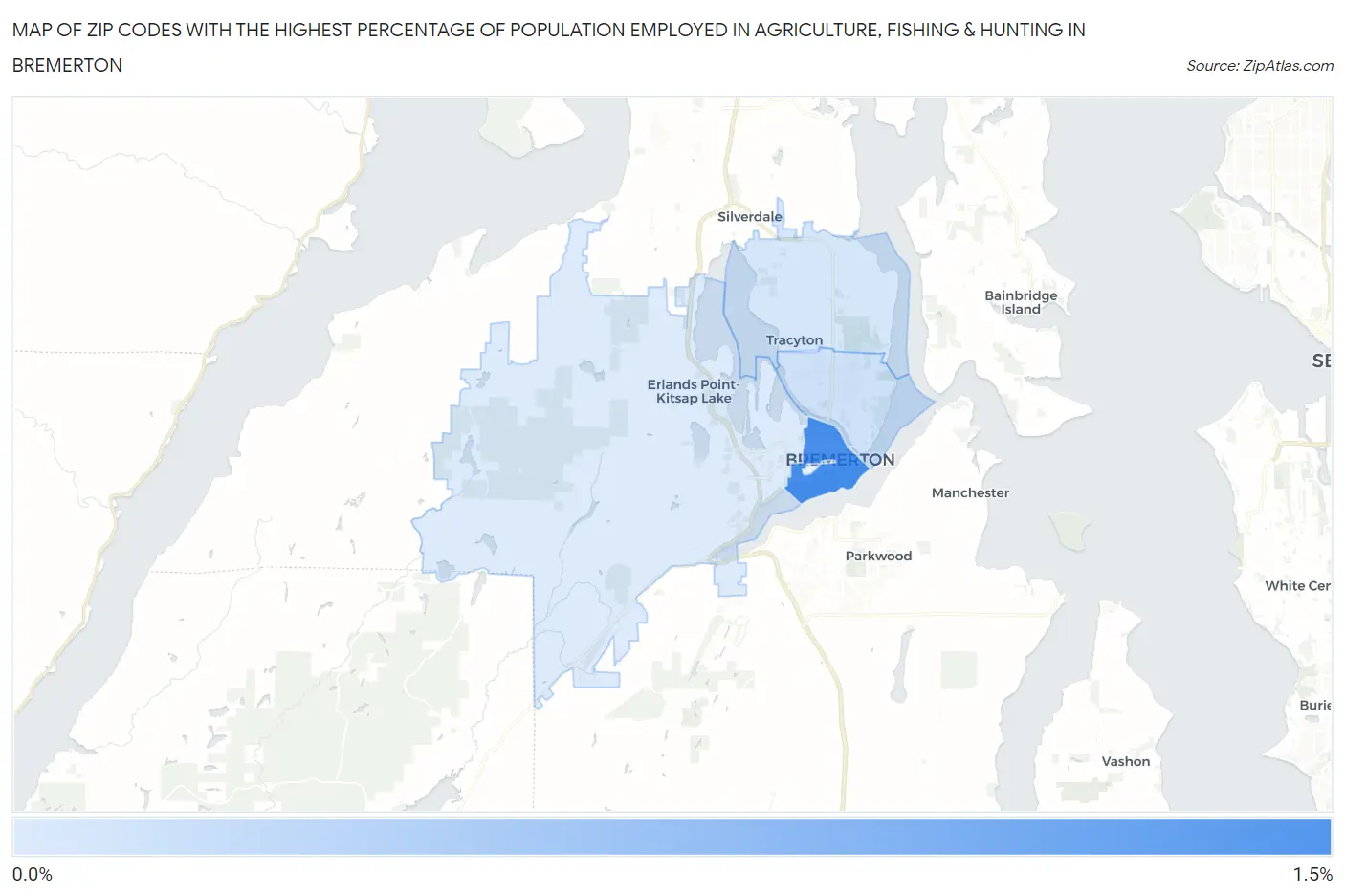 Zip Codes with the Highest Percentage of Population Employed in Agriculture, Fishing & Hunting in Bremerton Map