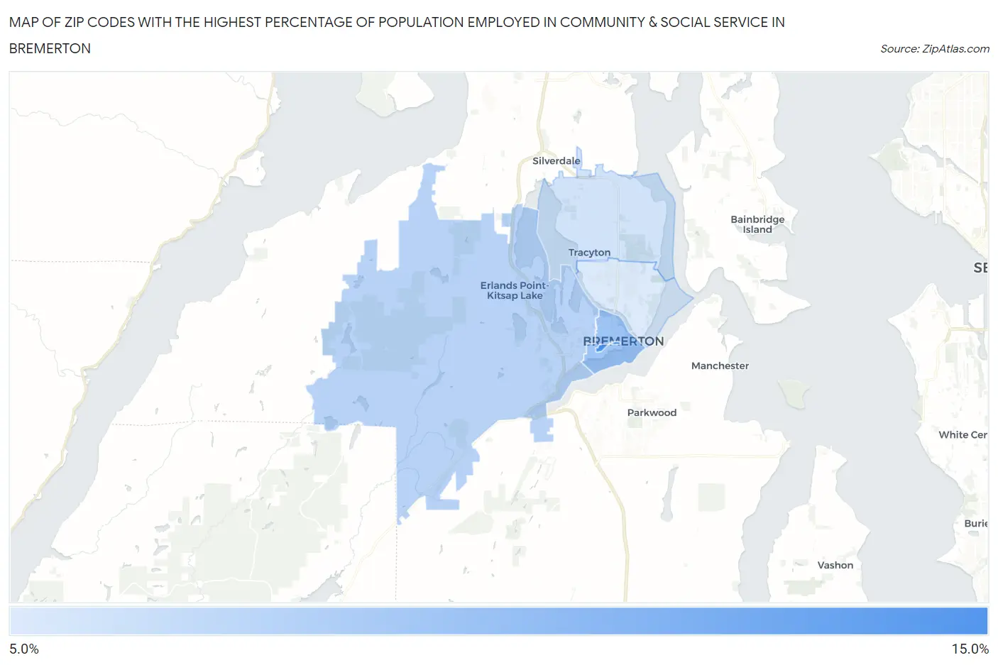 Zip Codes with the Highest Percentage of Population Employed in Community & Social Service  in Bremerton Map