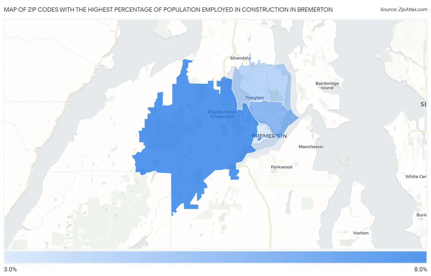 Zip Codes with the Highest Percentage of Population Employed in Construction in Bremerton Map