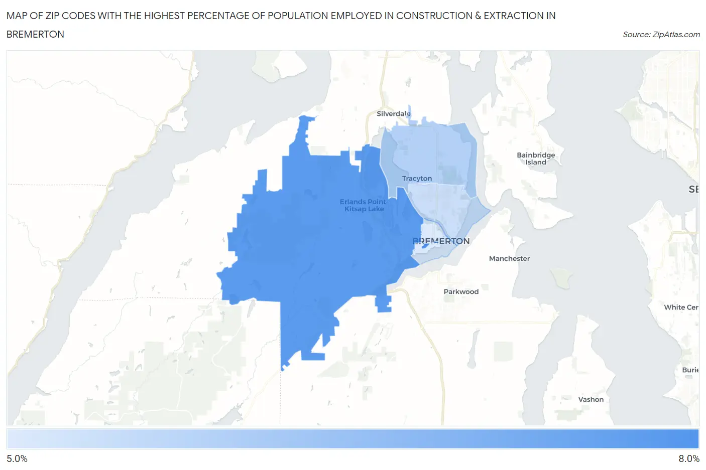 Zip Codes with the Highest Percentage of Population Employed in Construction & Extraction in Bremerton Map