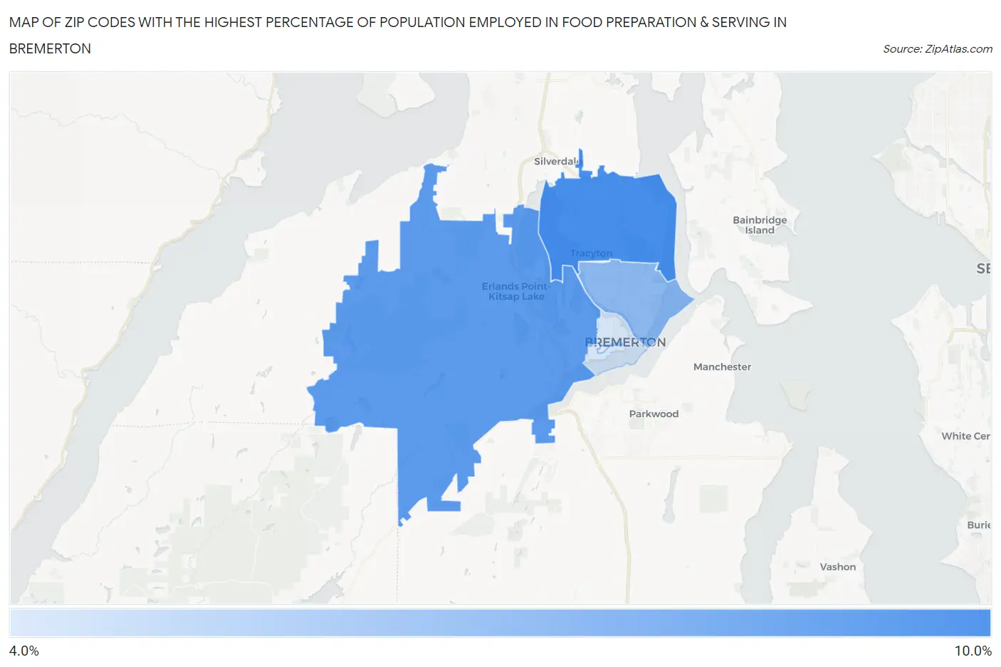 Zip Codes with the Highest Percentage of Population Employed in Food Preparation & Serving in Bremerton Map