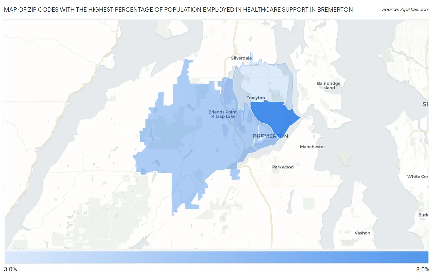 Zip Codes with the Highest Percentage of Population Employed in Healthcare Support in Bremerton Map