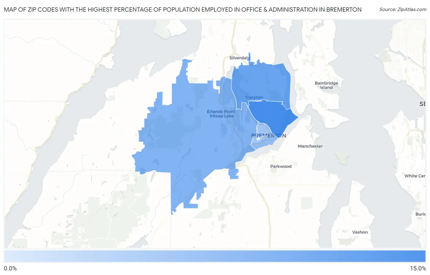 Zip Codes with the Highest Percentage of Population Employed in Office & Administration in Bremerton Map