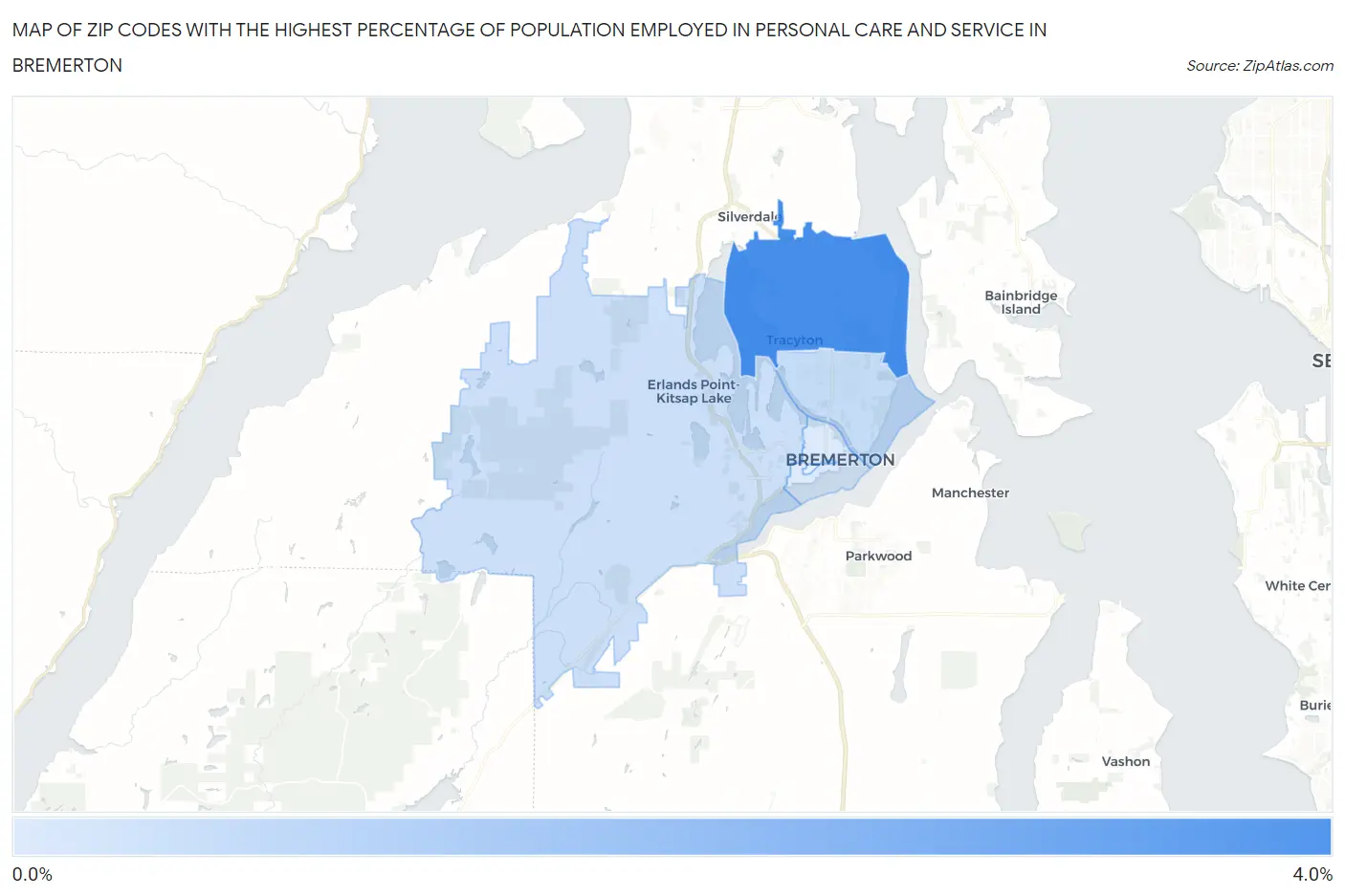 Zip Codes with the Highest Percentage of Population Employed in Personal Care and Service in Bremerton Map