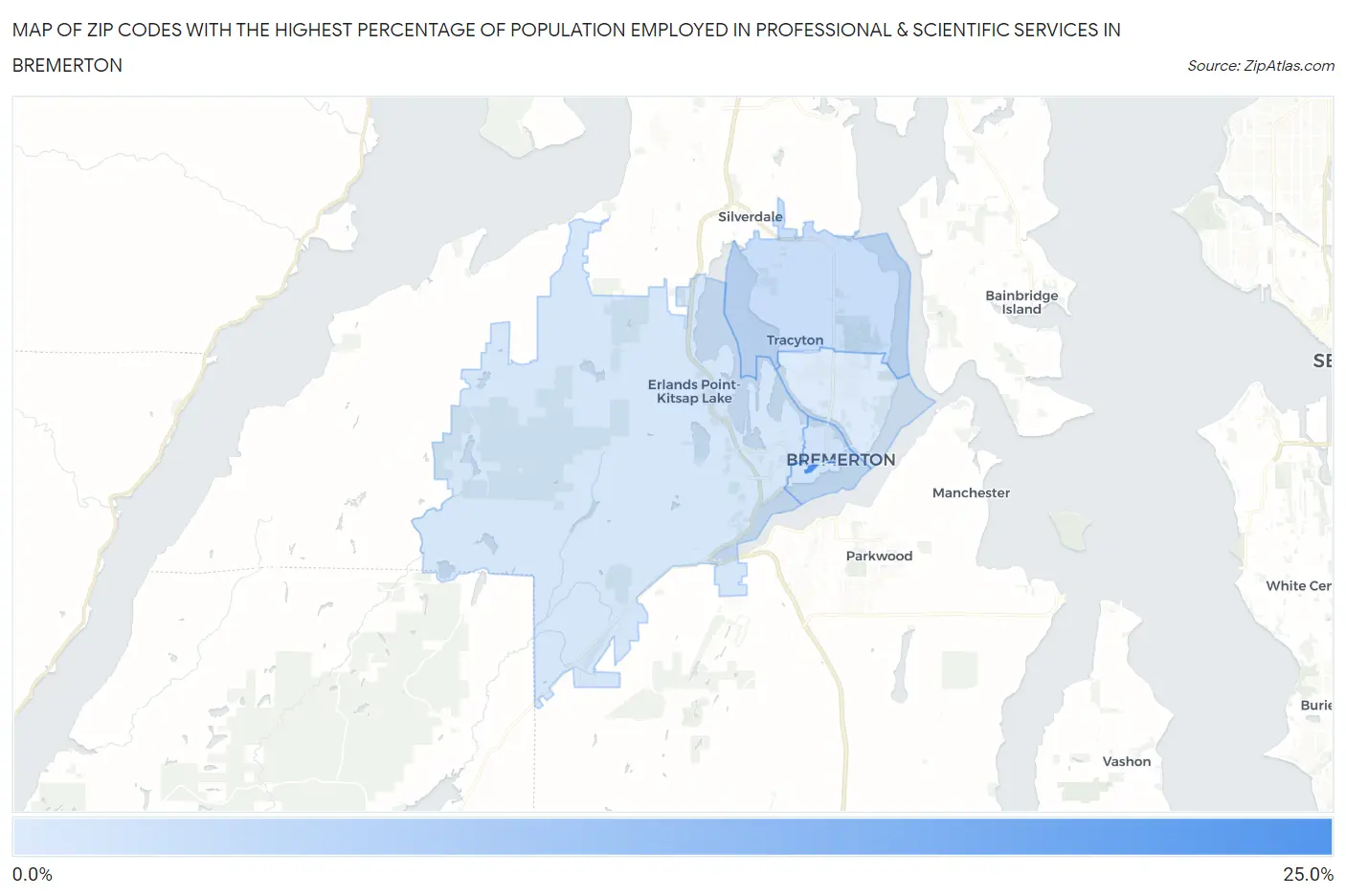 Zip Codes with the Highest Percentage of Population Employed in Professional & Scientific Services in Bremerton Map