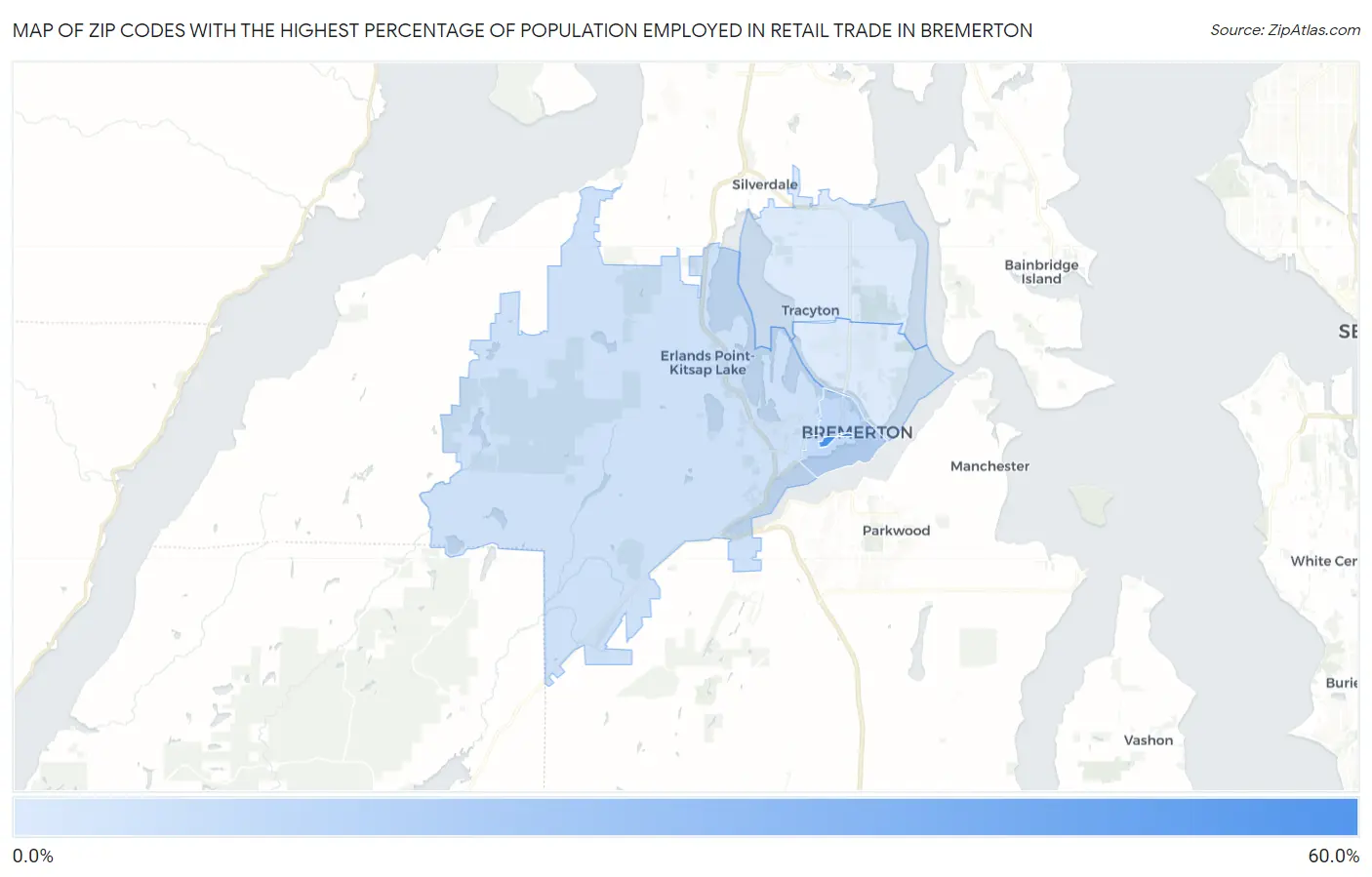Zip Codes with the Highest Percentage of Population Employed in Retail Trade in Bremerton Map