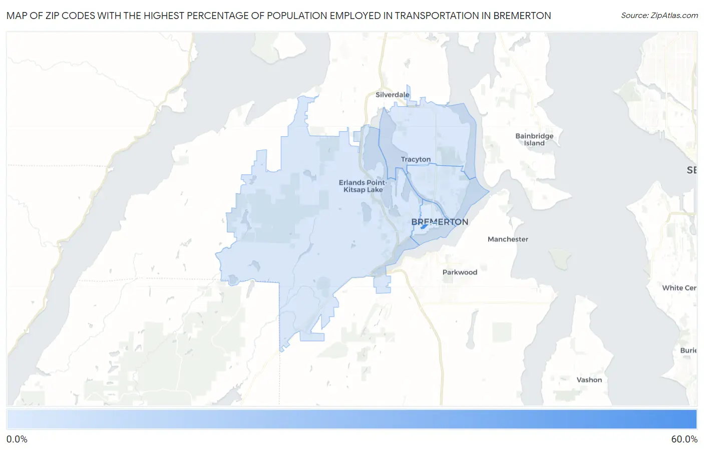 Zip Codes with the Highest Percentage of Population Employed in Transportation in Bremerton Map