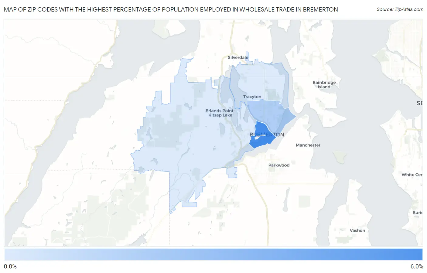 Zip Codes with the Highest Percentage of Population Employed in Wholesale Trade in Bremerton Map